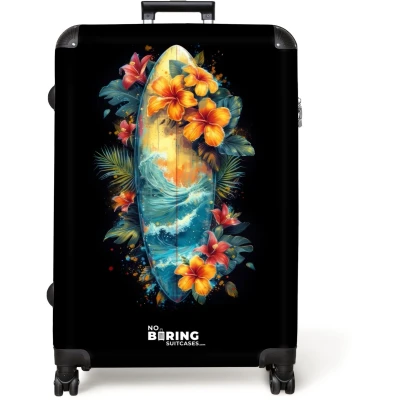 Afbeelding van NoBoringSuitcases.com® Koffer groot Reiskoffer lichtgewicht Surfplank omringd door bloemen Rolkoffer met 4 wielen Grote trolley XL 98 liter bagage