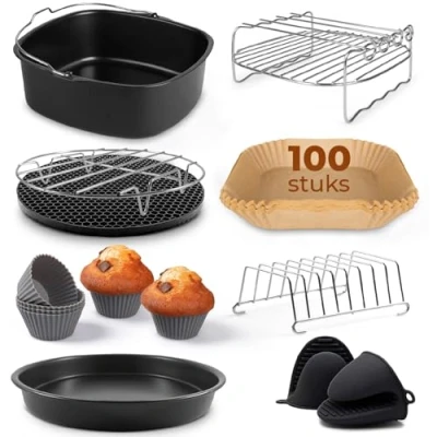 Afbeelding van Fentic Airfryer Accessoires XL en XXL ⌀ 20cm Geschikt voor Philips XXL, COSORI 5.5L, Cecotec, Tefal Inclusief Bakpapier (100 stuks) 10 delige set