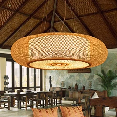 Afbeelding van E27 hanglamp retro natuurlijke bamboe vintage geweven rotan lampenkap kroonluchter in hoogte verstelbare verlichting restaurant theesalon café plafondlamp, 60 cm