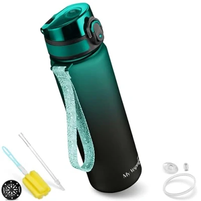 Afbeelding van My Vesperbox Minny Drinkfles voor kinderen, lekvrij, met rietje of zeef, 350 ml, 500 lichte Tritan waterfles, BPA vrij, kleuterschool, school (groen, zwart, ml)