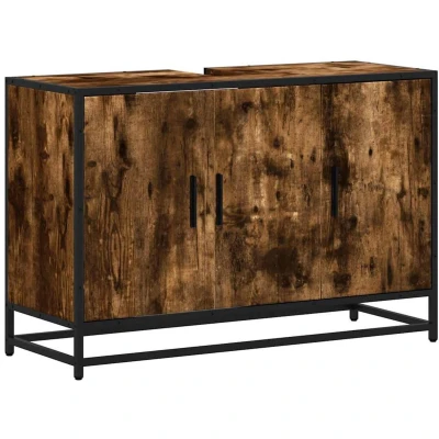 Afbeelding van Wastafelkast 90x33x60 cm bewerkt hout gerookt eikenkleurig
