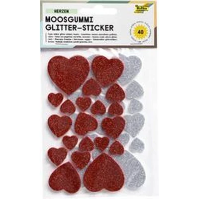 Afbeelding van folia 23791 Schuimrubber glitterstickers, harten, gesorteerd in zilver en rood, verschillende maten, 40 stuks ideaal voor het versieren decoreren van wenskaarten enz.