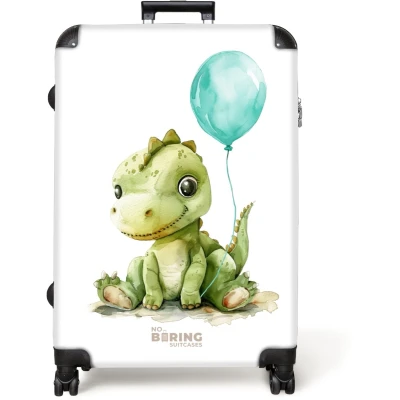 Afbeelding van NoBoringSuitcases.com® Koffer groot Reiskoffer lichtgewicht Dino met blauwe ballon Rolkoffer 4 wielen Grote trolley XL 98 liter bagage