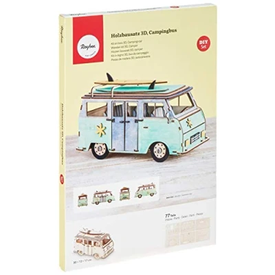 Afbeelding van Rayher 62879505 Houten bouwset campingbus, FSC 100% gecertificeerd, natuur, 30 x 13 17 cm, 79 delig, om te knutselen en schilderen