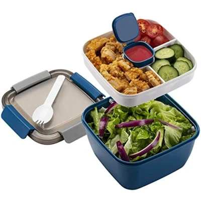 Afbeelding van MUJUZE lunchbox met onderverdeling in vakken, broodtrommel voor volwassenen en kinderen, duurzame bestek, kleuterschool, saladebox to go school, werk, picknick, reizen (blauw)
