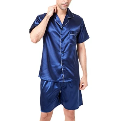 Afbeelding van Satijnen pyjamaset met korte mouwen voor heren, Marineblauw witte bies, XXL