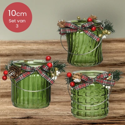 Afbeelding van Groene glazen waxinelichthouders met verschillende profielen Set van 3 Ø8 x 10 cm kerstdecoratie kerst luxe theelichthouder voor kaarsjes