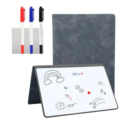 Afbeelding van A5 mini whiteboard, draagbaar, uitwisbaar, met 3 kleurstiften, draagbaar opvouwbaar, klein PU cover en wisdoek, grijs