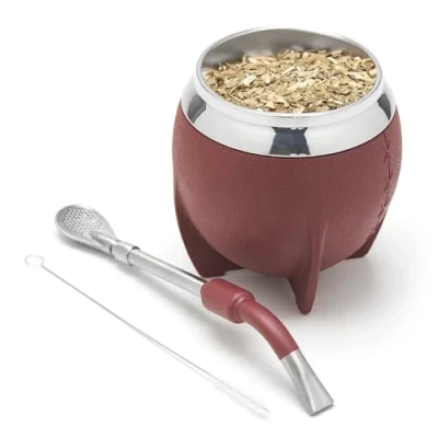 Afbeelding van BALIBETOV Yerba Mate Cup en Bombilla Set, inclusief roestvrijstalen Kalebas, Premium reinigingsborstel (Bourgondië)