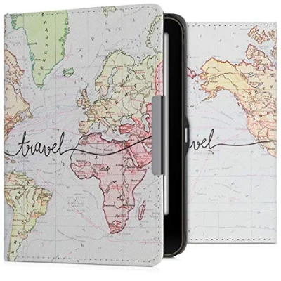 Afbeelding van kwmobile E reader hoesje geschikt voor Tolino Vision 1 / 2 3 4 HD hoes flip case met magnetische sluiting Ereader cover Travel Wereldkaart design in zwart meerkleurig