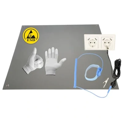 Afbeelding van Minadax 60 x 50 cm antistatische ESD computermat tafelmat &quot;Premiumkwaliteit&quot; incl. manchet + 2,4 m verlenging handschoenen GR L