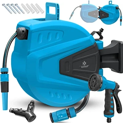 Afbeelding van KESSER® slanghaspel water 20 + 2 m incl. weg verdeler multi handdouche waterslanghaspel automatisch 180 draaibaar wandhouder tuinslang blauw
