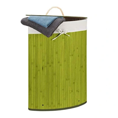Afbeelding van Relaxdays wasmand hoekmodel bamboe 60 liter deksel wasbox driehoekig groen