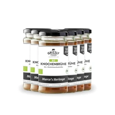 Afbeelding van Grizzly Foods Biologische runderbottenbouillon (6 x 240 ml) 12 g collageen per glas 72 uur lang gekookt 100% natuurlijk zonder suiker, toevoegingen waardevolle voedingsstoffen