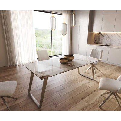 Afbeelding van DELIFE Eetkamertafel Edge 200x100 keramiek Minas Melange wit beige RVS schuin