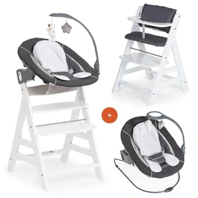 Afbeelding van Hauck Kinderstoel Alpha Plus Newborn Set Deluxe 5 delige Houten Meegroeistoel vanaf de Geboorte incl. Wipstoeltje, Zitkussens, Speelmobiel en Gordel Wit