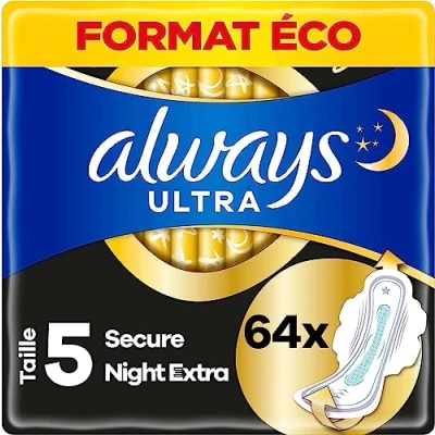 Afbeelding van Always Ultra Secure Night Extra Maat 5 Maandverband Met Vleugels Voordeelbox 64 stuks