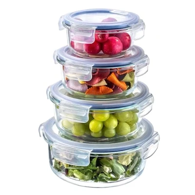 Afbeelding van KADAX Hittebestendige glazen container met deksel, voedselcontainer van robuust glas, bewaarcontainer, vriescontainer, vershouddoos (rond set 4)