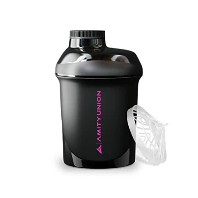 Afbeelding van Small Protein Shaker 400 ml Black Purple Deluxe ORIGINAL AMITYUNION Lekvrije proteïneshaker voor proteïnedranken, proteïneshakes en dieet met zeef schroefdop BPA vrij Gemaakt in Europa