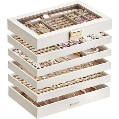Afbeelding van Famanu Sieradendoosje met 6 niveaus, stapelbaar, sieradendoos groot, glazen deksel, 17 x 28 25,3 cm, sieradeninzet voor laden, cadeau idee, wit JBC195W01