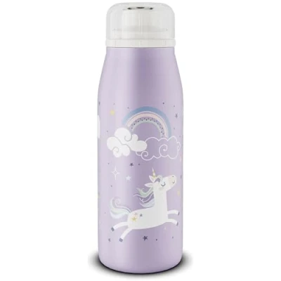 Afbeelding van alfi Kids ISO Bottle 350 ml, paarse eenhoorn regenborgen, geïsoleerde drinkfles voor kinderen, roestvrij staal, absoluut dichte draaisluiting, houdt 12 uur warm, 24 koud, koolzuur,