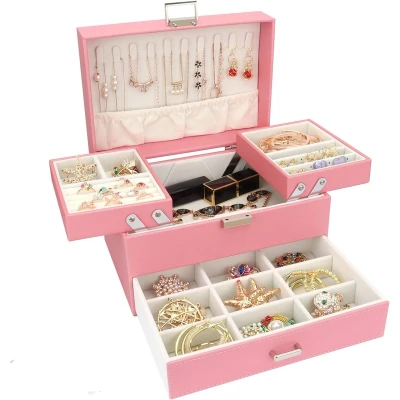 Afbeelding van Sieradendoos, 3 lagen, grote sieradenkistje, sieradenorganizer met lade voor armbanden, oorbellen, ringen, halskettingen, horloges, roze