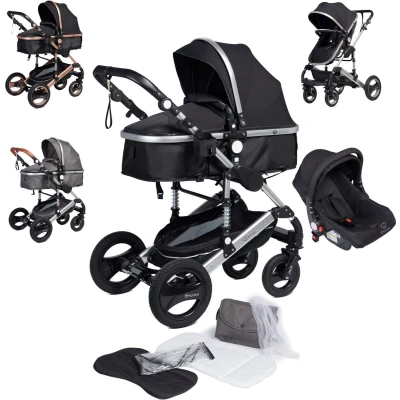 Afbeelding van Bronea EXQUISE Luxe multi functionele kinderwagen 3 in 1 Zwart / Silver Incl. MATRAS, Buggy, Autostoel, Luiertas, Regenhoes, Voetenwarmer, Muggen net &amp; Zonneklep