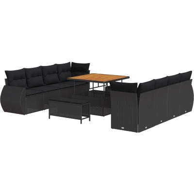 Afbeelding van vidaXL 11 delige Tuin Sofa Set met Kussens Zwart Poly Rattan Acacia, 3 Eet Acacia