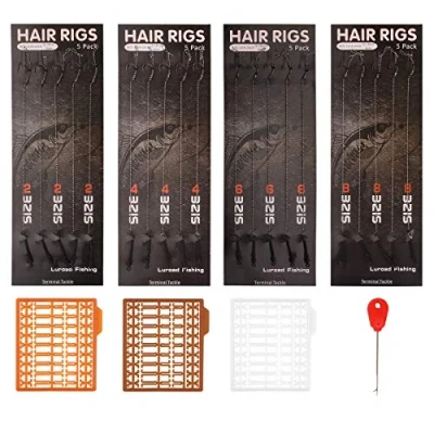 Afbeelding van Luroad Karpervissen Hair rigs, 20 stuks weerhaken Gebogen Karperhaken, gevlochten haak Karper Accessoires met Boilie rig Carp Leader, 3 pluggen, Maat 2 4 6 8 (4 Packs (Size 8#), Widerhaken)