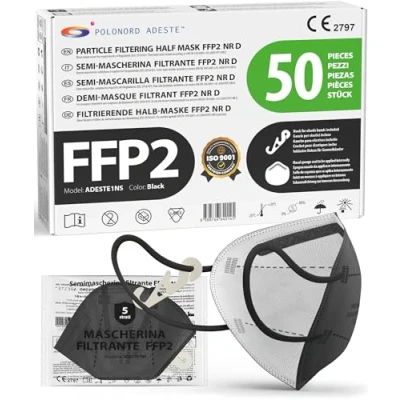 Afbeelding van ADESTE 50 stuks zwarte CE gecertificeerde FFP2 maskers, gecontroleerde levering, comfortabel, hypoallergeen en verstelbaar elastiek. EFB 99,5% afzonderlijk verpakt
