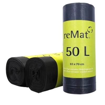 Afbeelding van reMat Afvalzakken 50l gemaakt van 100% gerecycled Materiaal (PCR), 15 per Rol, Scheurvast, Geurloos, Ideaal voor Restafval of Recyclinginzameling