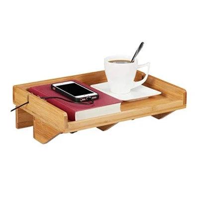 Afbeelding van Relaxdays Bedrek, mini opklapbaar nachtkastje, gemaakt van bamboe, ruimtebesparend, kabelsleuven, BT plank 33x24 cm, naturel