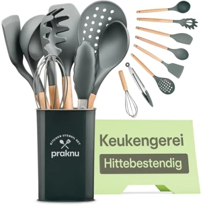 Afbeelding van Keukengerei Set Siliconen Grijs 8 Stuks met Hittebestendige Hout Handgreep Gecertificeerd voor Voedsel Vaatwasserbestendig