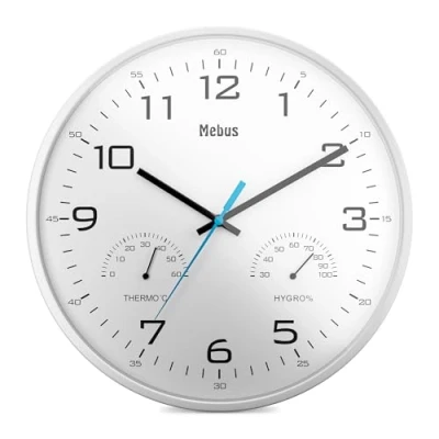 Afbeelding van MEBUS moderne Quarz Wanduhr mit Temperaturanzeige und Luftfeuchtigkeit, 30 cm Durchmesser groß, Wohnzimmer, Küchenuhr, Rund/Modell: 16181 / Farbe: Weiß