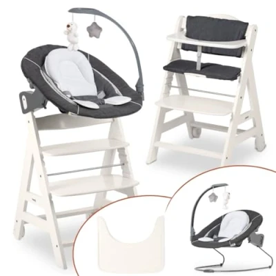 Afbeelding van Hauck Kinderstoel Beta Newborn Deluxe Babystoel Set vanaf de geboorte met opzetstuk voor pasgeborenen, zitkussen en eetplank White Melange Grey