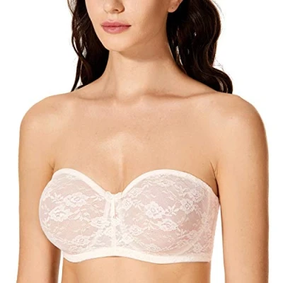 Afbeelding van Dobreva Dames Strapless Beha met Beugel Sheer Lace Dirndl Bandeau Beha&#039;s Transparante Bandjes Roze Wit 75F