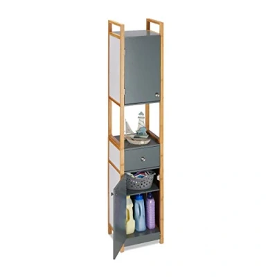 Afbeelding van badkamerkast hoog met 2 deurtjes mdf bamboe frame keuken 165 x 31,5 29 cm grijs