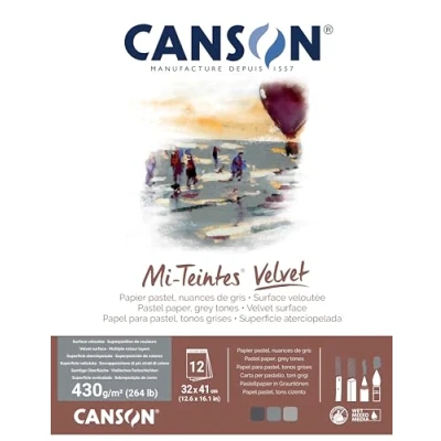 Afbeelding van CANSON Mi Teintes Velvet pastelpapier, fluweelachtig oppervlak, 430 g/m², aan de korte zijde, 32 x 41 cm, 3 grijstinten, 12 vellen