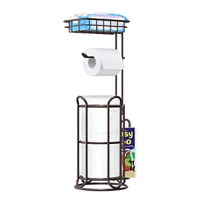 Afbeelding van Zwarte vrijstaande toiletpapierhouder met plank dispenser voor tissuerollen en tijdschriftenrek past op mega rollen, telefoon doekjes