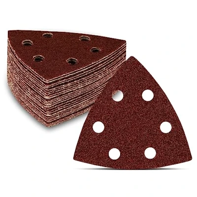 Afbeelding van Deltaschuurdriehoeken │ 50 stuks 6 gaten 93 x mm Korrel 40 voor deltaschuurmachines schuurvellen driehoekige schuurpads schuurpapier