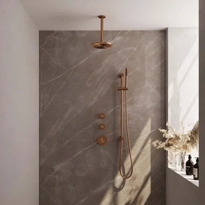 Afbeelding van BRAUER Copper Carving thermostatische inbouw regendouche SET 17 met 20 cm douchekop en plafondarm staaf handdouche doucheslang geïntegreerde