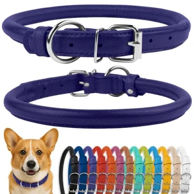 Afbeelding van CollarDirect Rolled lederen halsband, zachte gewatteerde ronde puppyhalsband, handgemaakte echt halsband hond kleine grote halsbanden zwart roze rood paars blauw (geschikt voor 30 38 cm nek,