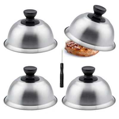 Afbeelding van MEYAGOT hamburger cloche staal 4 stuks met schroevendraaier, Cheeseburger afdekking van roestvrij staal, voor hamburger, steak, cheeseburger, grill