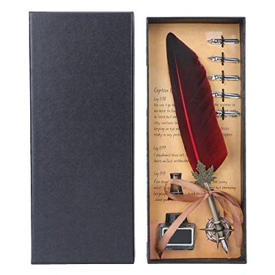 Afbeelding van Kalligrafie Pen Dip Quill schrijfpen set kerst, verjaardagscadeau met 5 schrijfveren in geschenkdoos (rood)