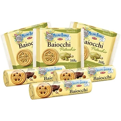 Afbeelding van Mulino Bianco Baiocchi pistachekoekjes en kruimeldeeg, ideaal geschikt voor het ontbijt of als tussendoortje, palmolievrij, 6 porties van 3 koekjes, 1, 168 gram