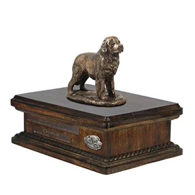 Afbeelding van Art Dog Custom Sitting Statue Memorial Urn Handgemaakt koud gegoten brons op berkenhouten voet 8,3x11,4x8,7 5l Newfoundland