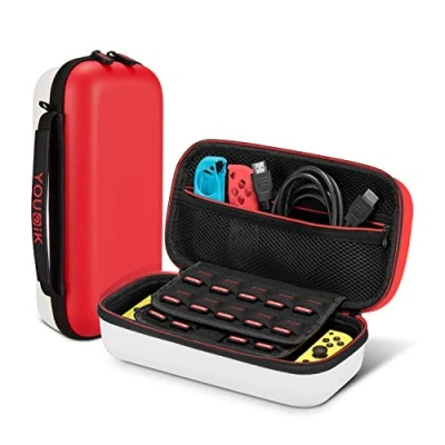 Afbeelding van Case compatibel voor NS Switch/Switch OLED Younik Upgrade versie Harde draagtas met grotere opslagruimte 19 spelcartridges en andere accessoires Rood wit