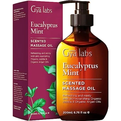 Afbeelding van Gya Labs eucalyptus Mint massageoliën voor massagetherapie, pijnlijke spieren en huid gemaakt met jojoba, argan, zonnebloem, zoete amandel, vitamine E (200 ml)