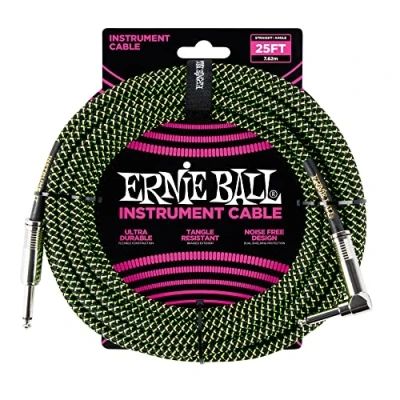 Afbeelding van Ernie Ball Cavi Assemblati Per Strumenti Musicali 6066 Cavo Braided Neon Groen/Zwart 7,62 M, 25ft, Recht/Gehoekt