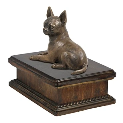 Afbeelding van Art Dog Custom Mama Sitting Statue Memorial Urn Handgemaakt koud gegoten brons op berkenhouten voet 24,5x29x21cm 5l Chihuahua